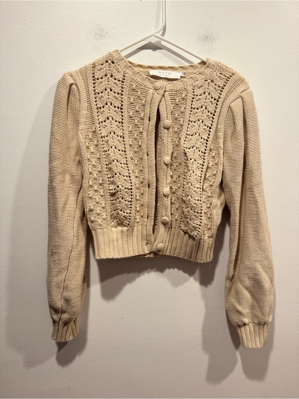 Astr Cream Crochet-Front Button Cardigan
